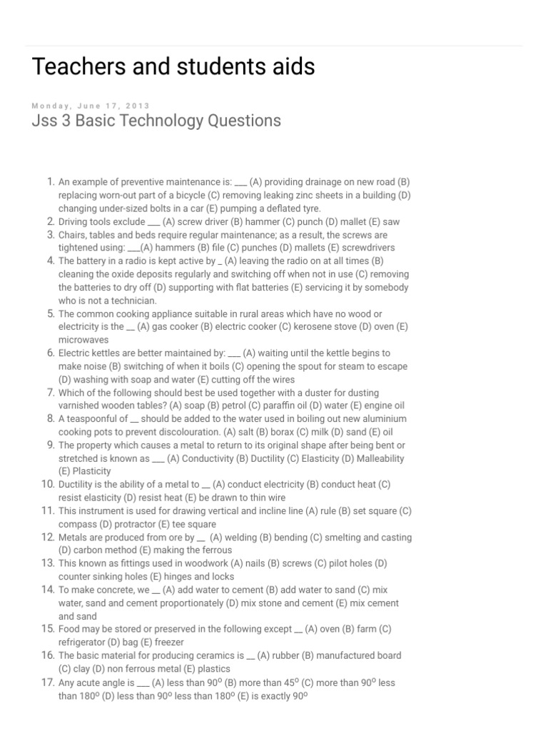 JSS 3 Basic Technology Exam Questions | PDF | Ductility | Kitchen Stove