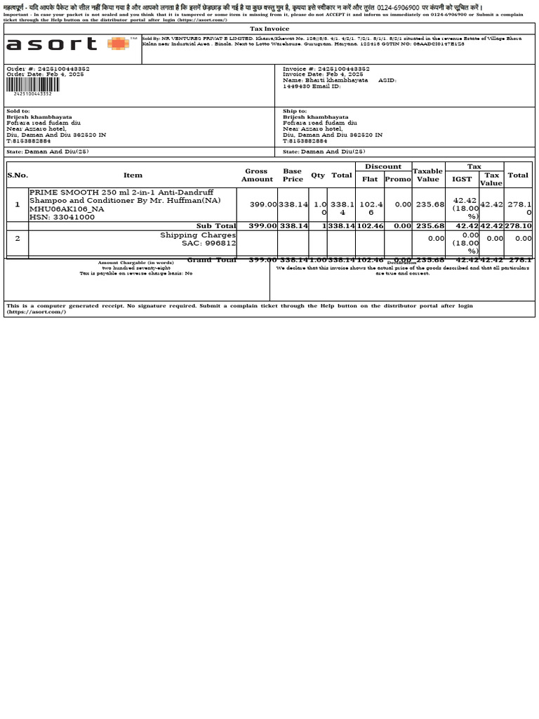 S.No. Item Gross Amount Base Price Qty Total Discount Taxable Value Tax ...
