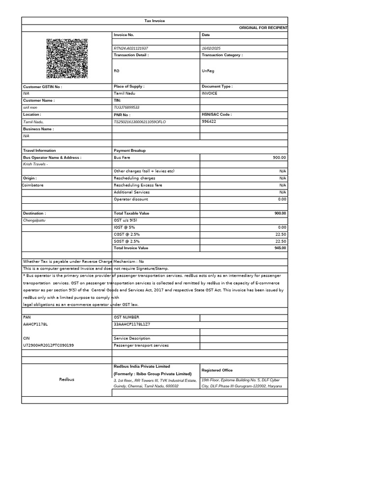 Chengalpattu to Coimbatore Bus Invoice | PDF | Public Finance | Taxation