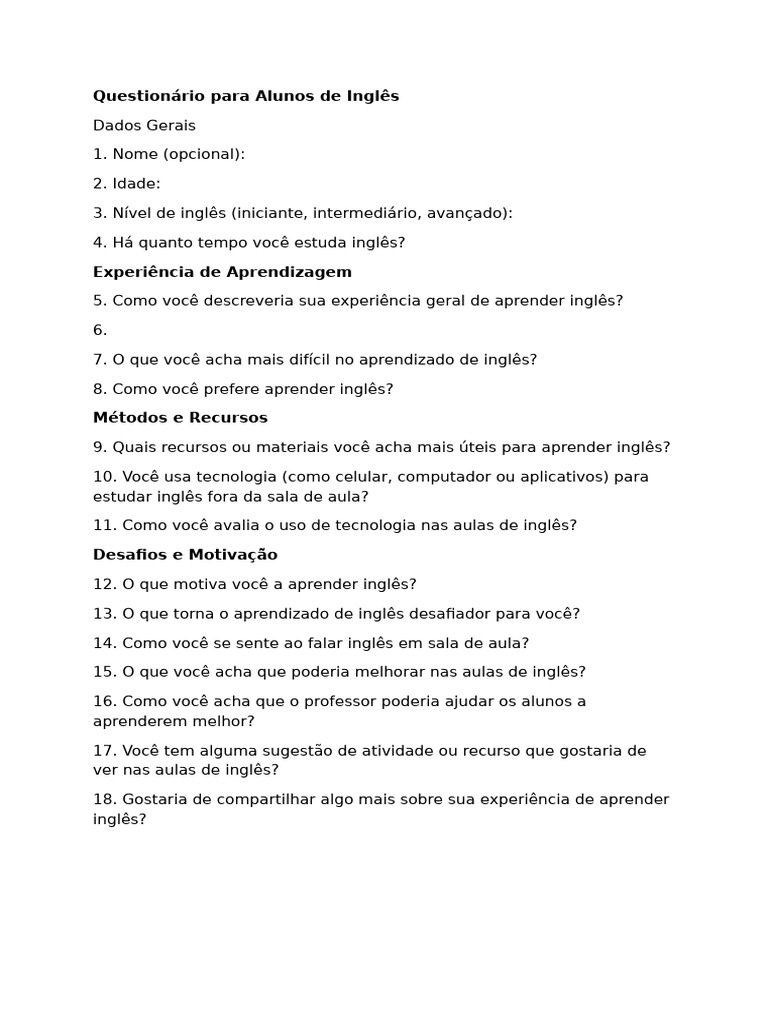 Questionário de Aprendizado de Inglês | PDF
