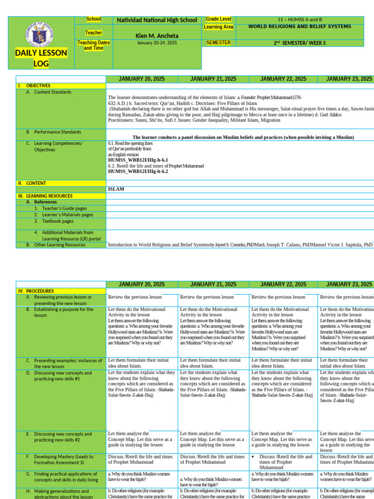 Week 5 Lesson Plan: World Religions | PDF | Quran | Islam