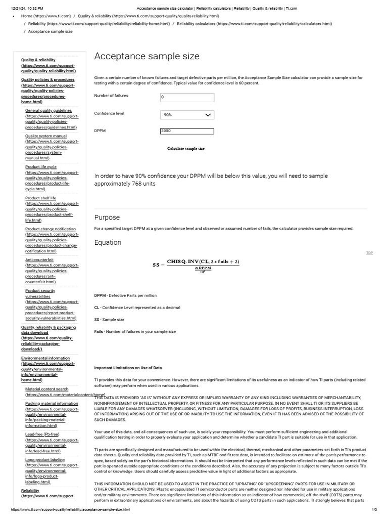 Acceptance sample size calculator _ Reliability calculators ...