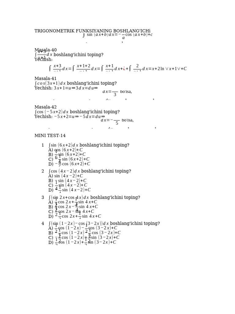 Trigonometric Function Integrals | PDF
