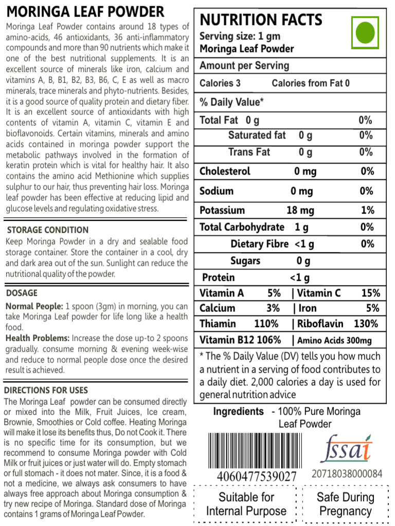 Nutritional Benefits of Moringa Leaf Powder | PDF | Fat | Nutrients