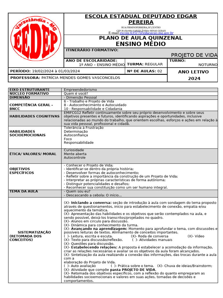 Plano de Aula: Projeto de Vida Ensino Médio | PDF | Aprendizado | Pedagogia