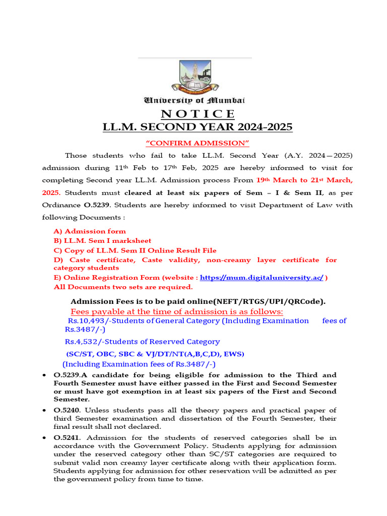 NOTICE Extended Dates For LL.M. SECOND YEAR ADMISSION 2024 2025 | PDF