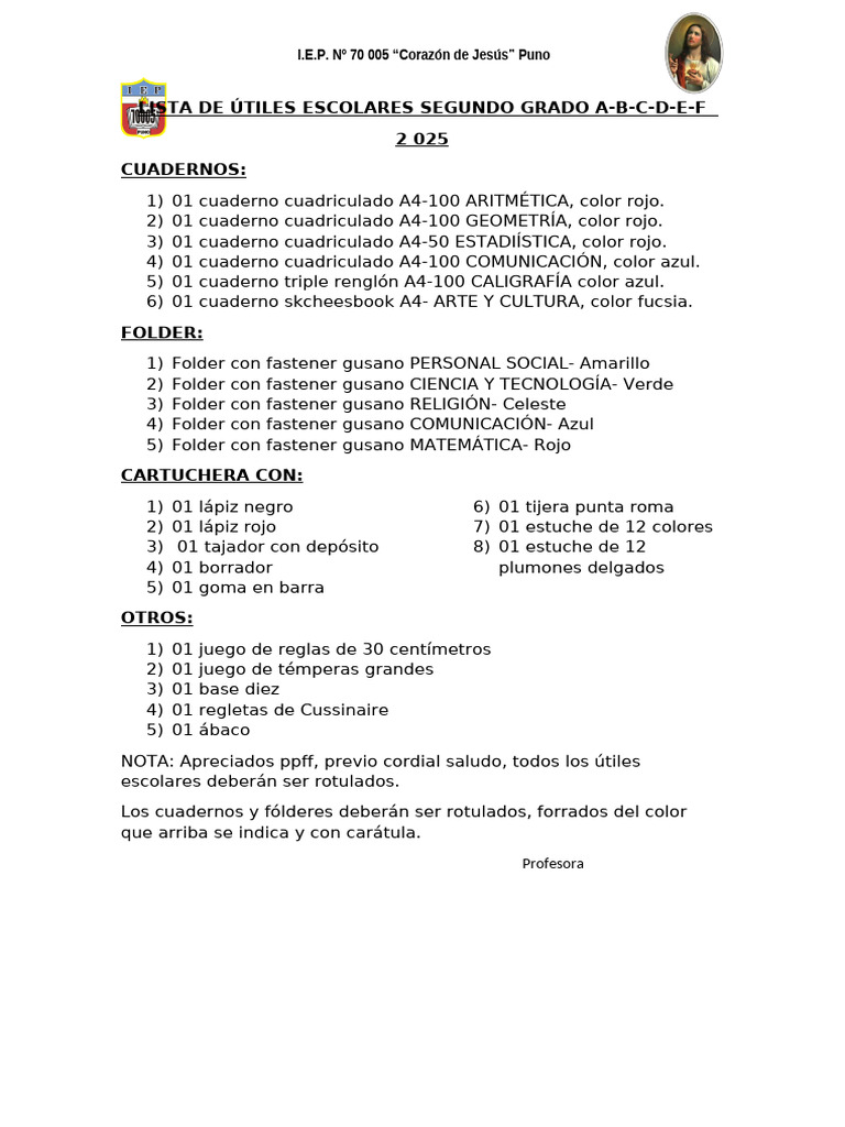 Lista de Útiles Escolares 2024 - 2° Grado | PDF