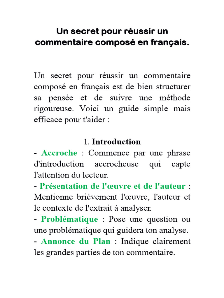 Réussir un commentaire composé en français | PDF