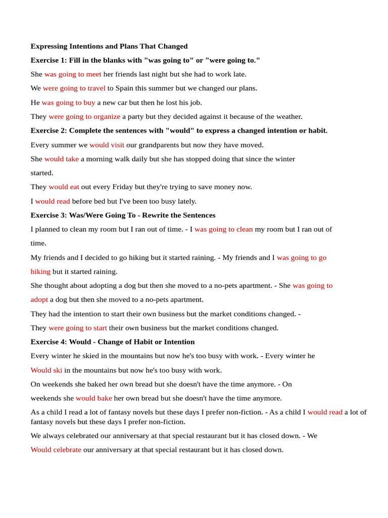 Intentions and Plans: Grammar Exercises | PDF