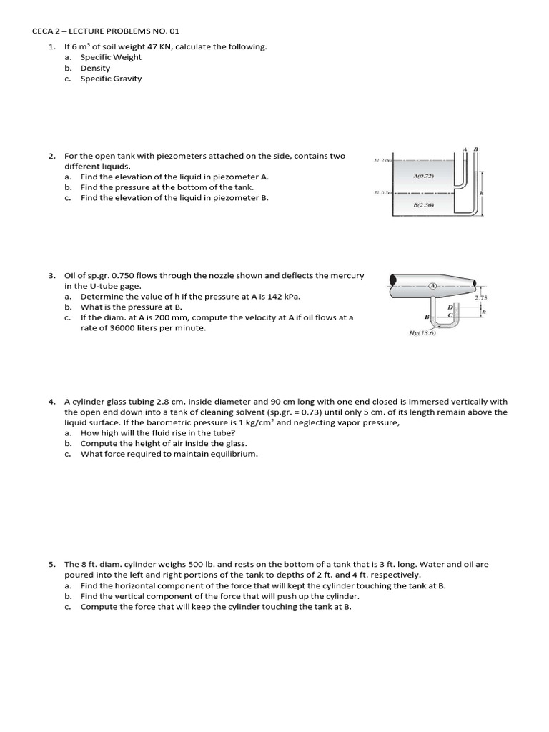 Fluid Mechanics Lecture Problems | PDF | Pressure | Pressure Measurement