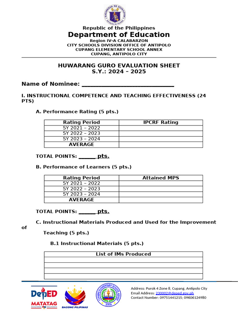 Huwarang Guro Evaluation Sheet 2024-2025 | PDF | Behavior Modification ...