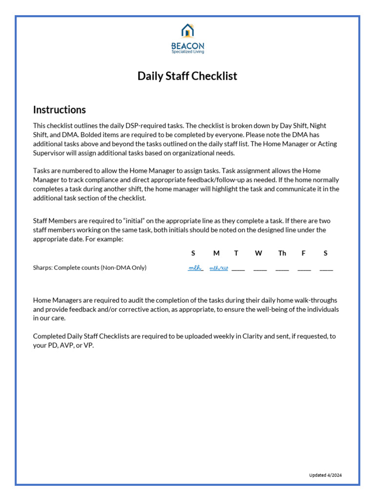Daily DSP Staff Checklist Template | PDF | Bedroom | Kitchen