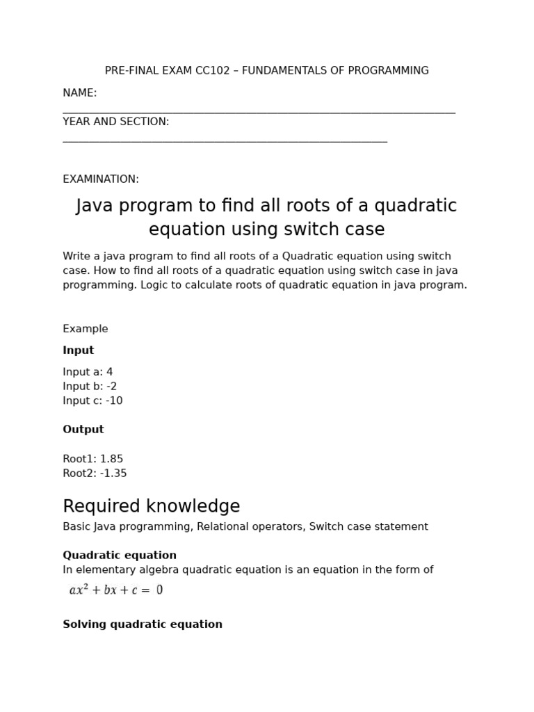 Java Roots of Quadratic Equations | PDF | Quadratic Equation | Equations