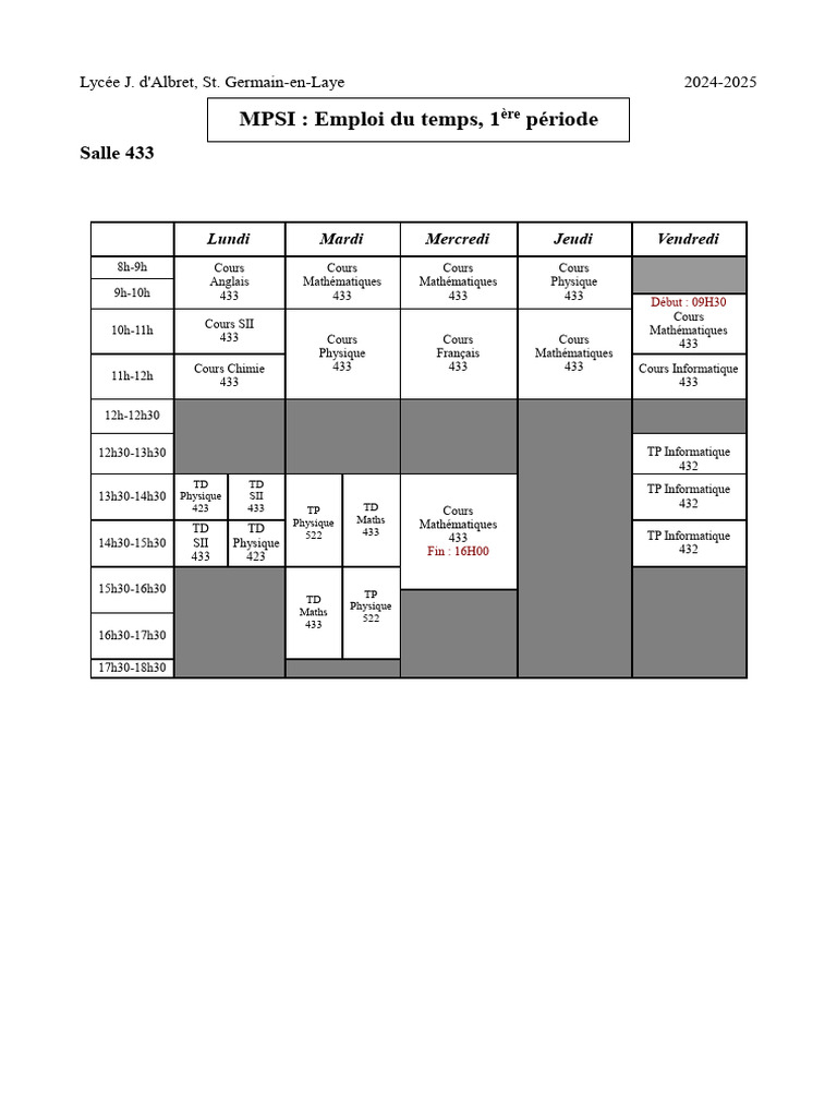 Emploi du temps MPSI 20242025 PDF Science Mathématiques — free download