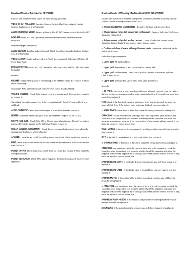 CRT Sharp TV Troubleshooting Guide | PDF | Washing Machine | Capacitor