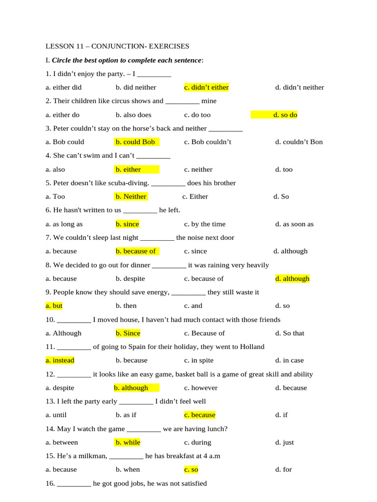 Conjunction Exercises and Answers | PDF