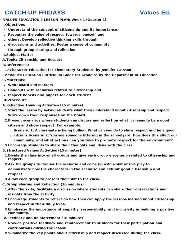 Values Education Lesson Plans for Grade 5 | PDF | Disciplines | Gratitude