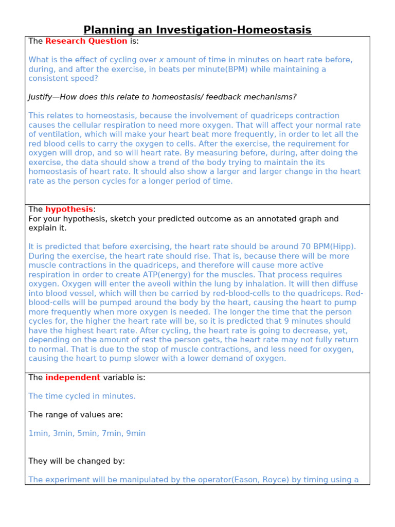 Homeostasis - Investigation Planning Template的副本 | PDF | Heart Rate | Heart