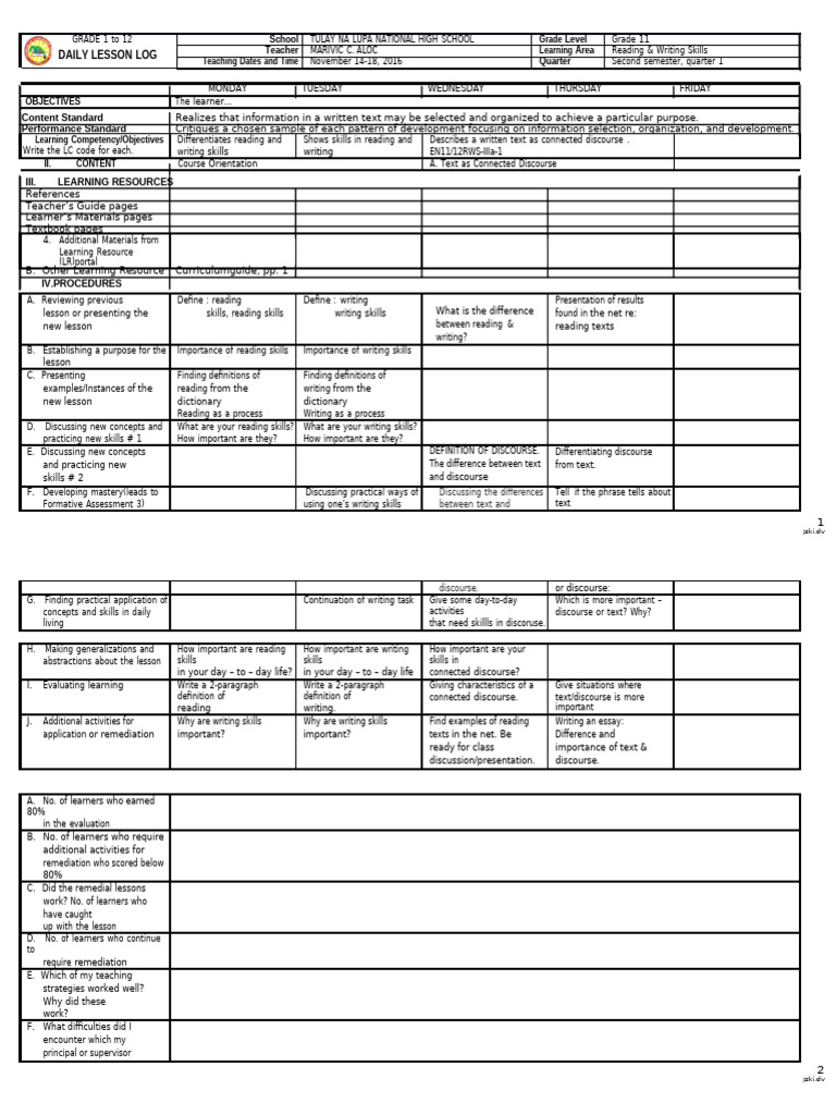 Grade 11 Reading & Writing Lesson Plan | PDF | Learning | Teaching