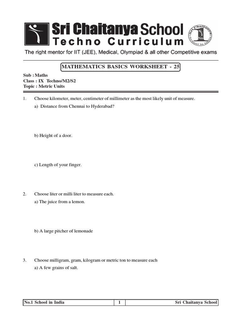 IX Maths Worksheet on Metric Units | PDF | Units Of Measurement | Quantity