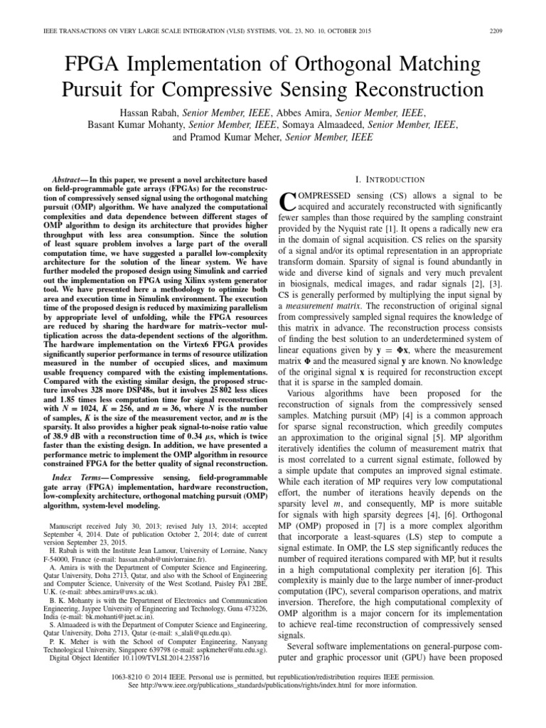FPGA-Based OMP for Compressive Sensing | PDF | Matrix (Mathematics ...