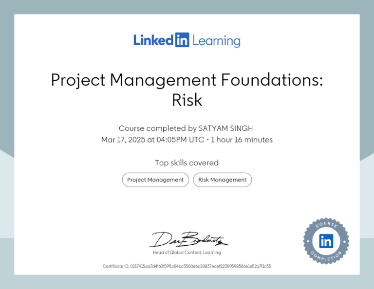 CertificateOfCompletion - Project Management Foundations Risk | PDF