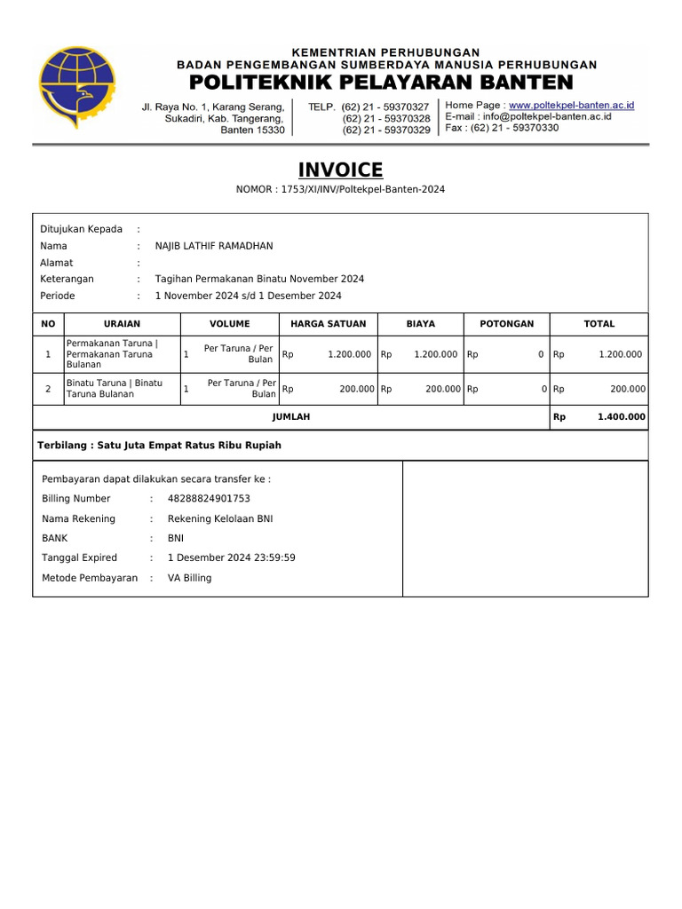 Invoice Tagihan Permakanan dan Binatu | PDF