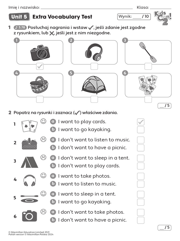 Kids Can 2 - Extra Vocabulary Test - Unit 5 | PDF
