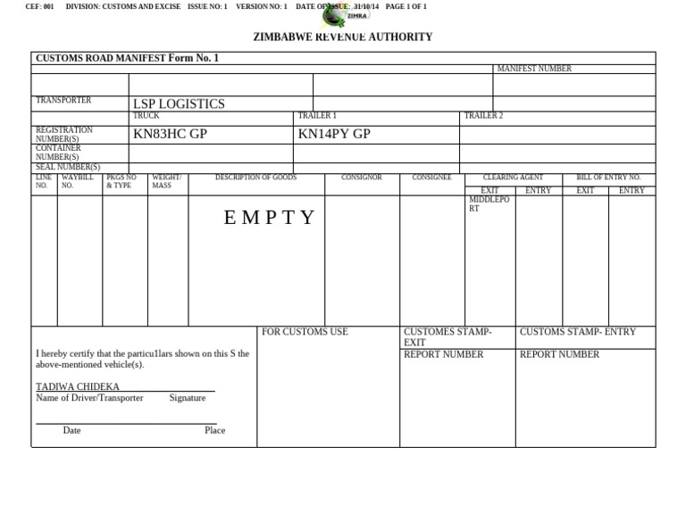 Customs Road Manifest Form No. 1 | PDF
