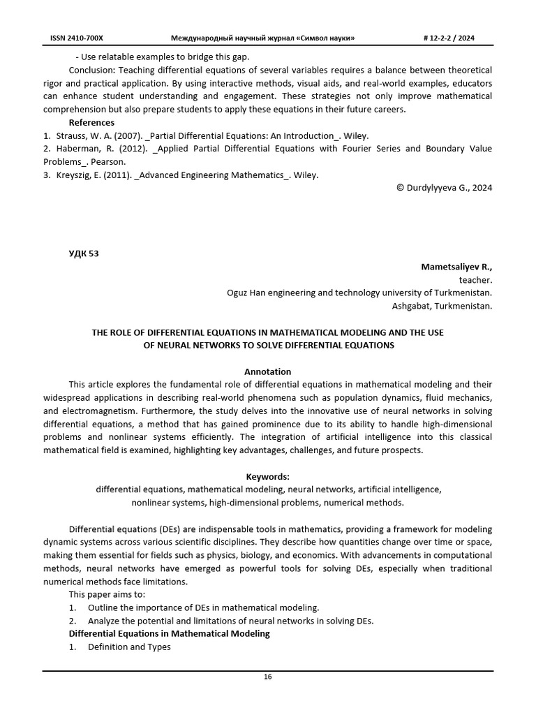 The Role of Differential Equations in Mathematical Modeling and The Use ...