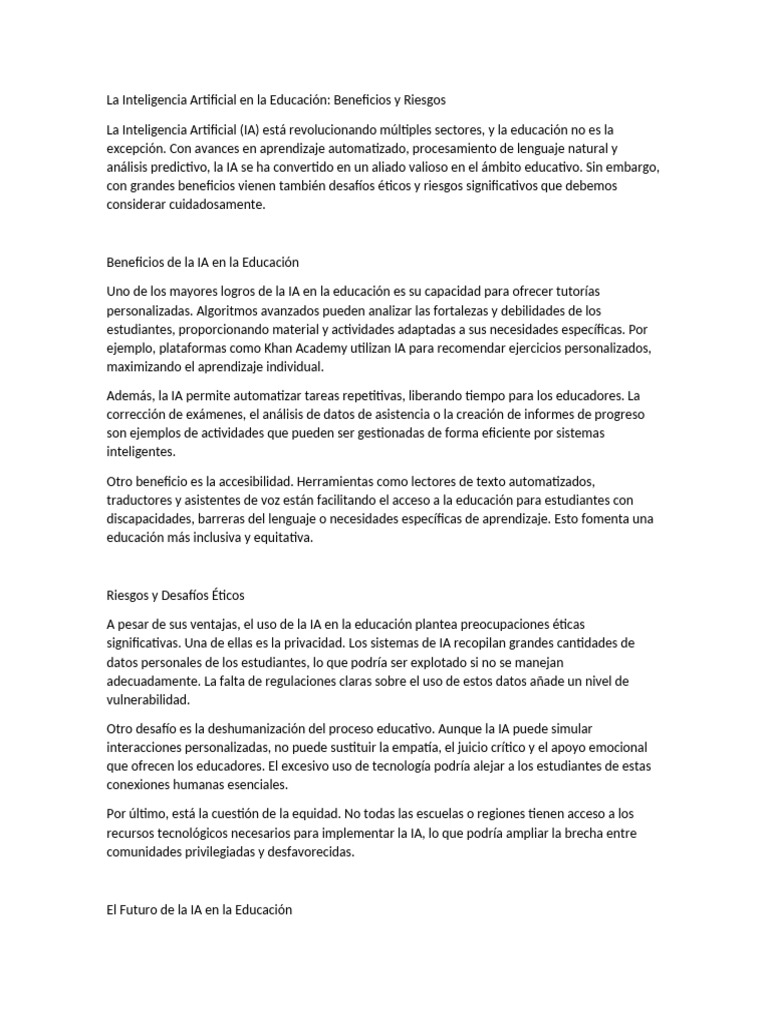 IA en Educación: Beneficios y Riesgos | PDF | Inteligencia artificial ...