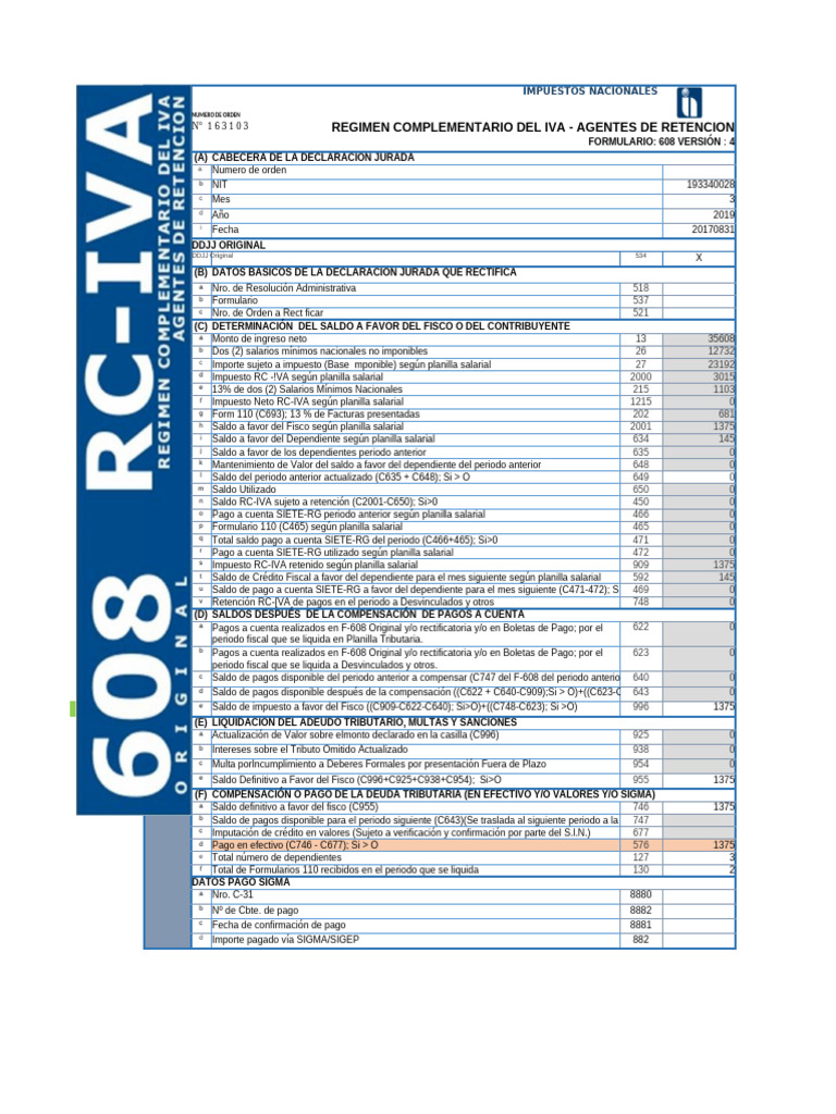 Planilla RC IVA 2024: Formulario 608 V4 | PDF | Impuestos | Finanzas ...