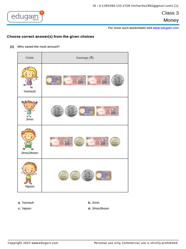 Class 3 Money Worksheet Answers | PDF | Economy Of Asia | Foreign ...