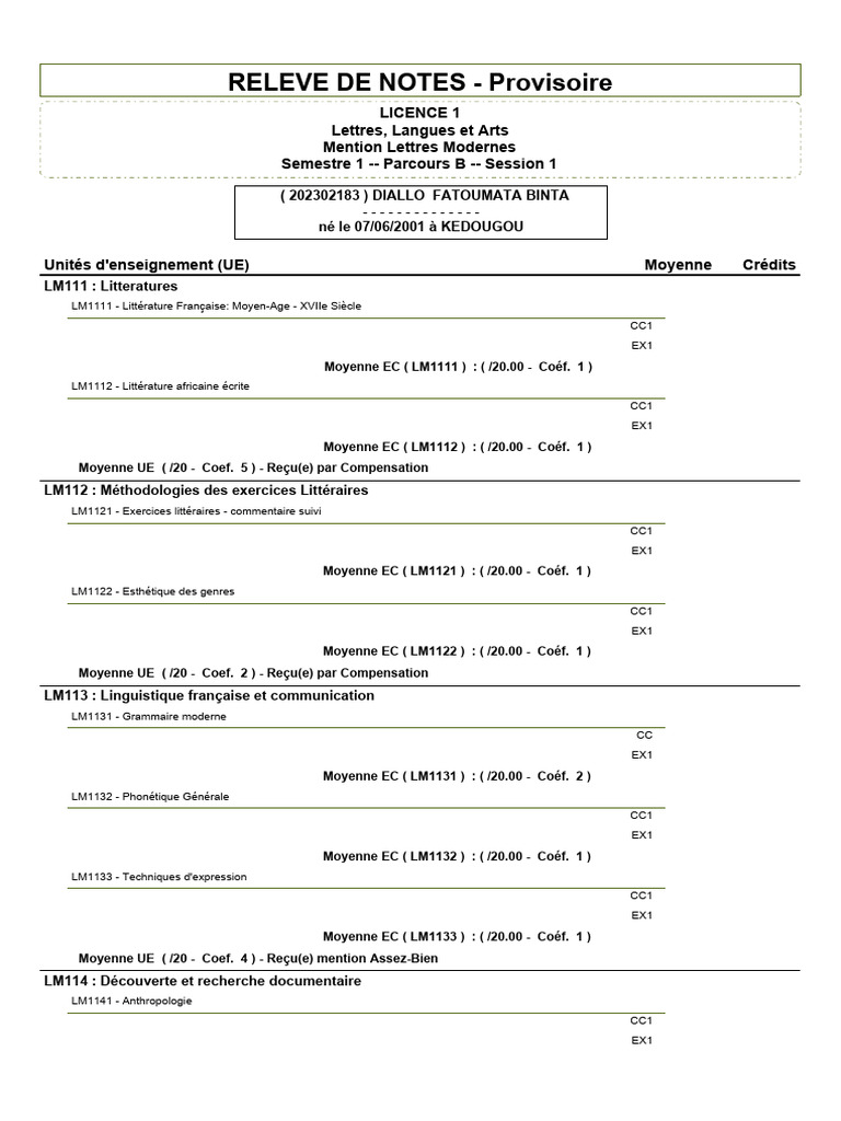Relevé de notes Licence 1 Lettres Modernes | PDF | Linguistique | Arts