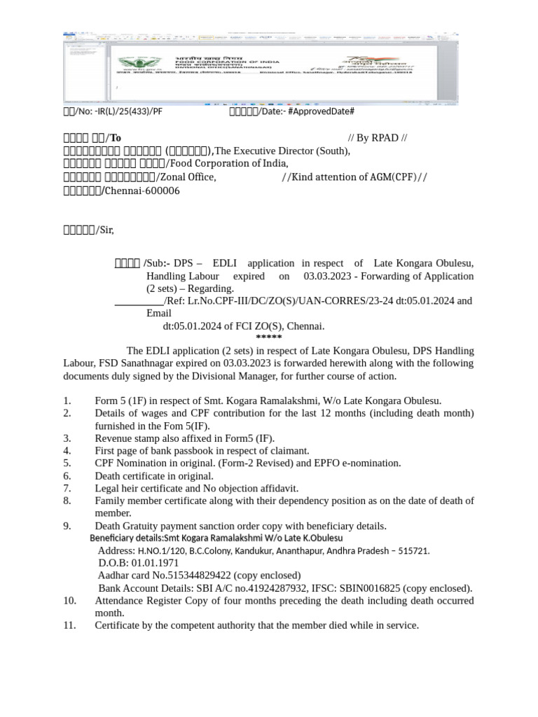 EDLI Application Forwarding Letters | PDF | Government Of India