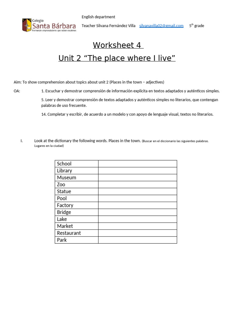 5th Grade Town Places Worksheet | PDF