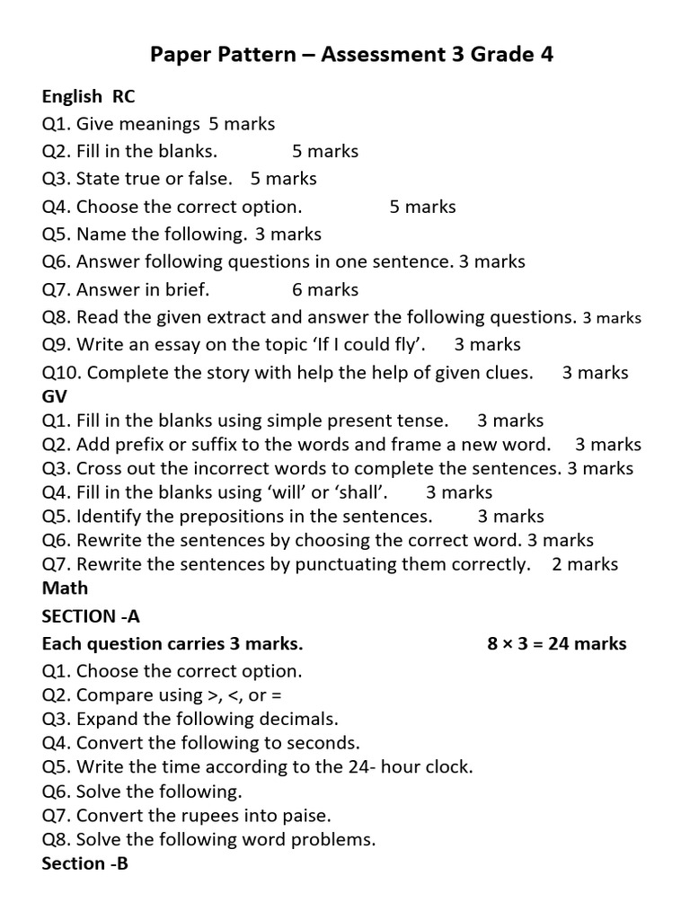 Grade 4 Assessment Paper Pattern | PDF | Language Mechanics ...