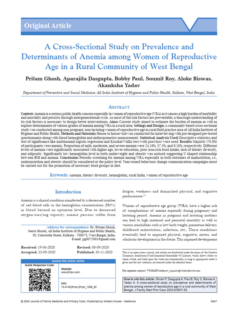 A Cross Sectional Study On Prevalence And.22 | PDF | Anemia | Body Mass ...