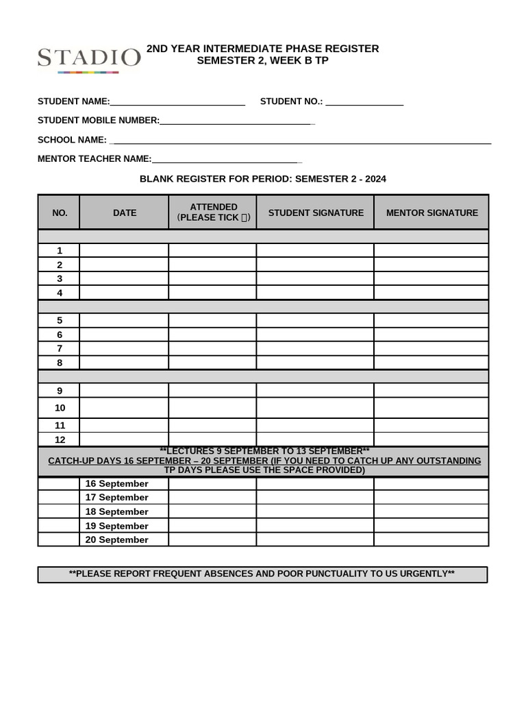 TP Semester 2 Attendance Register | PDF