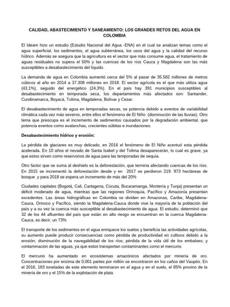 Retos del Agua en Colombia: Calidad y Saneamiento | PDF | Agua ...