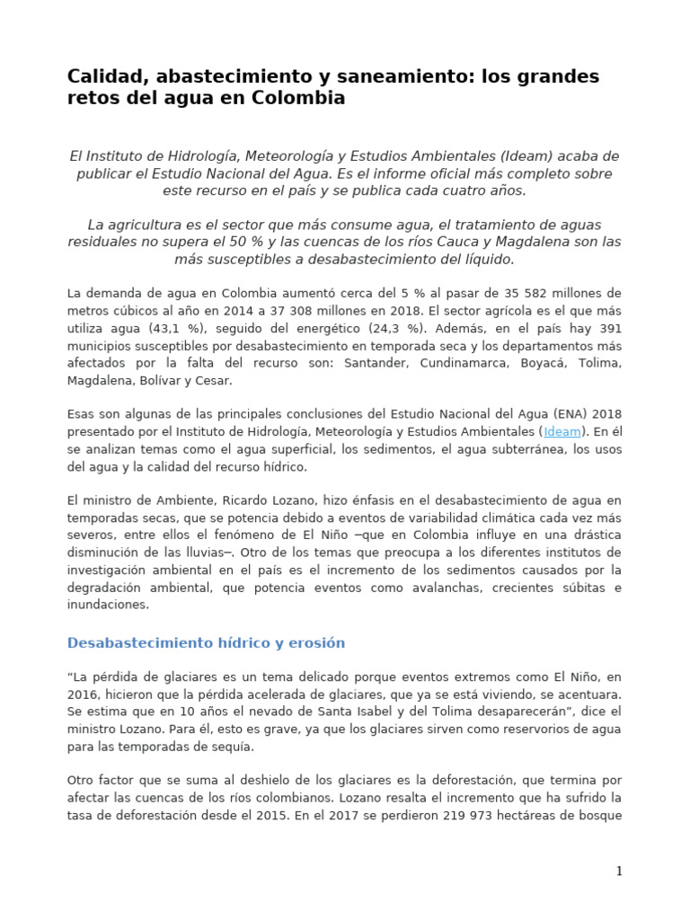 Retos del agua en Colombia: calidad y abastecimiento | PDF | Agua ...