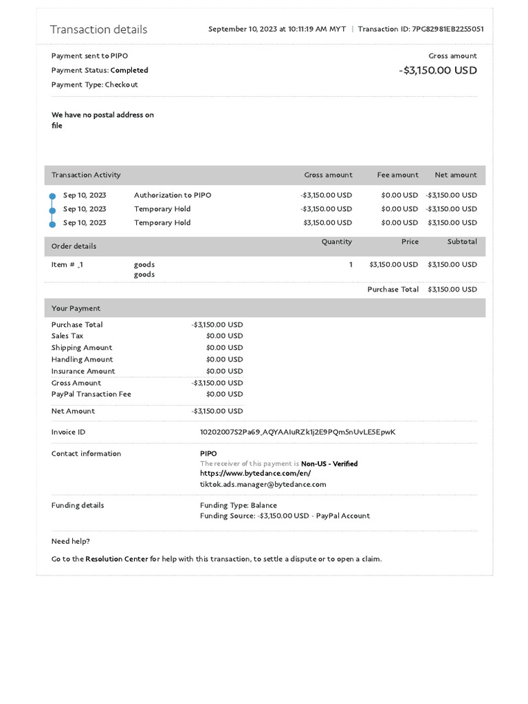 PayPal Transaction Summary for PIPO | PDF | Pay Pal | Money