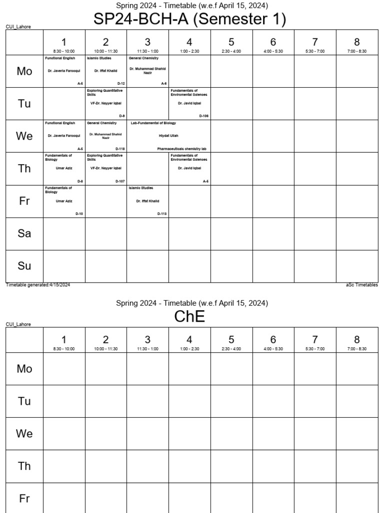 CUI Lahore Spring 2024 Timetable | PDF | Chemistry | Physical Sciences