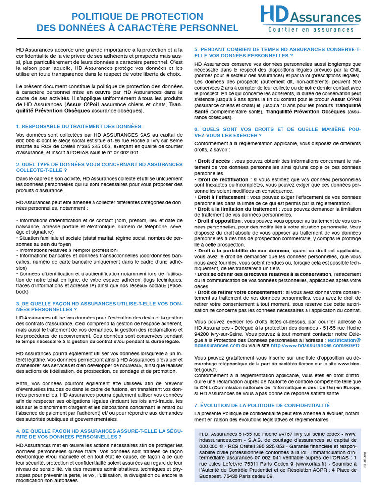 Politique de Protection des Données HD Assurances | PDF ...