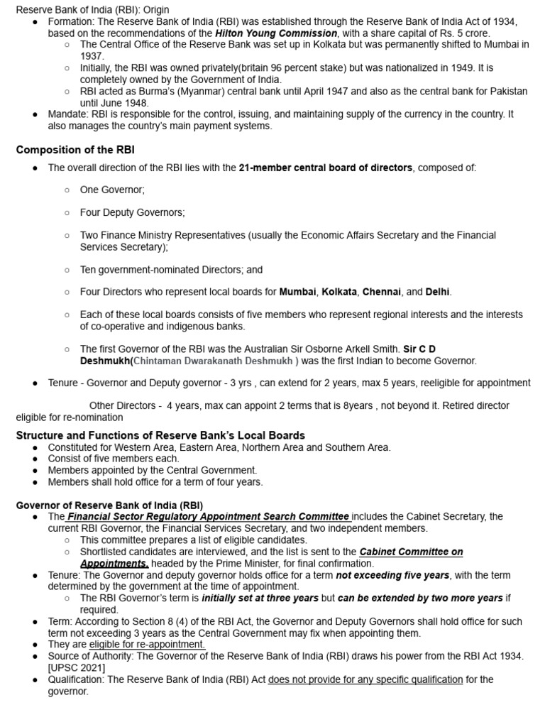 Overview of RBI Governance and Functions | PDF | Reserve Bank Of India ...