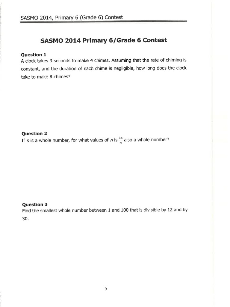 SASMO 2014 Primary 6 Problem Set (K12mathcontests - Com) | PDF