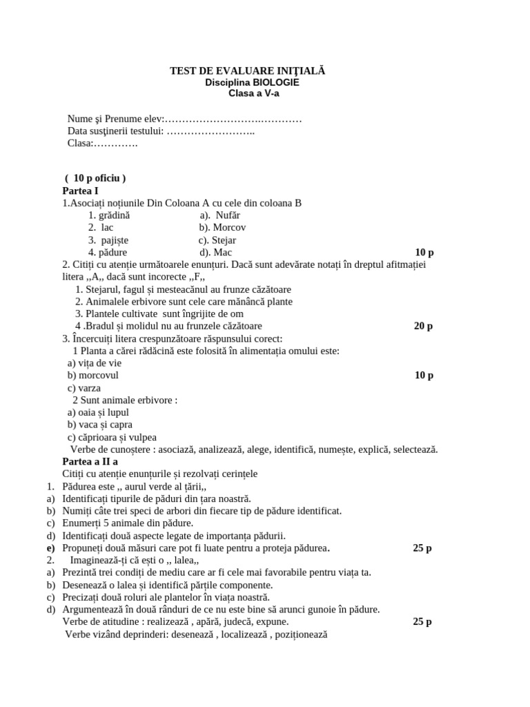 1 - Test - de - Evaluare - Initiala - Clasa - A - V - A nr1 | PDF