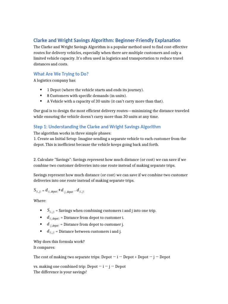 Clarke-Wright Savings Algorithm Explained | PDF | Logistics | Applied ...