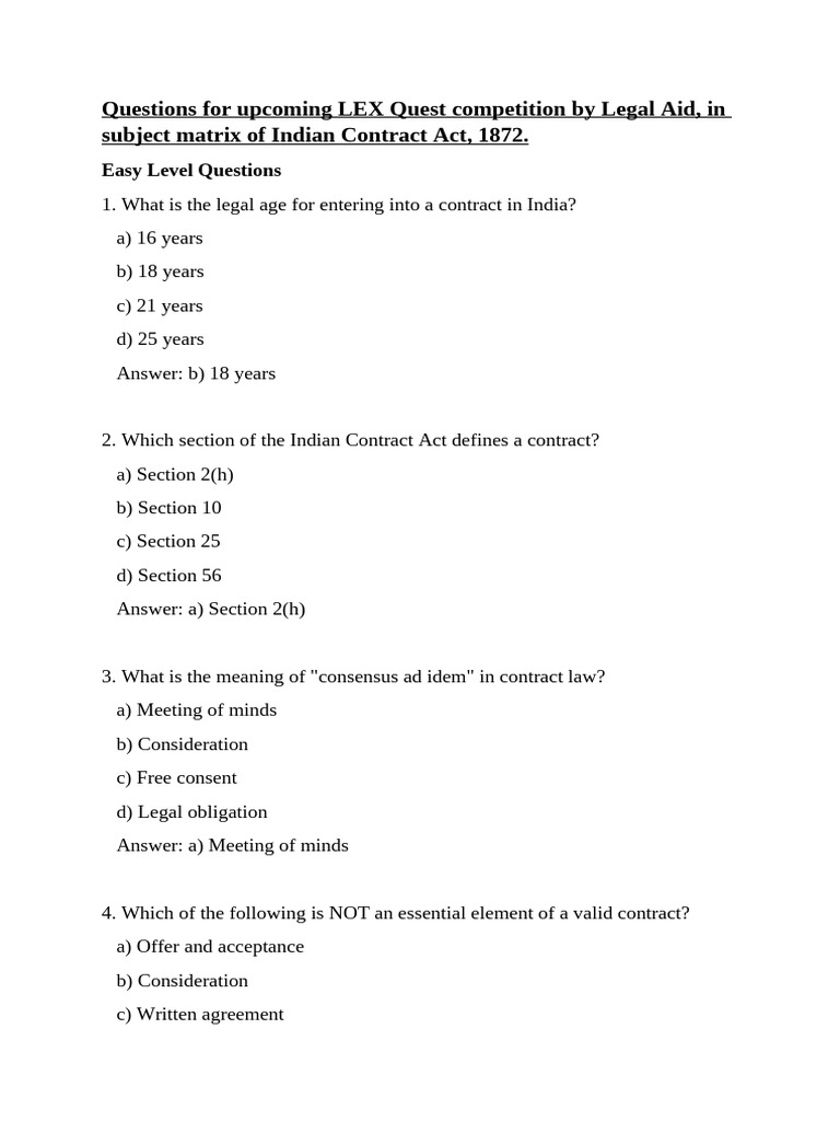 Questions for upcoming LEX quiz competition by Legal Aid for contract ...