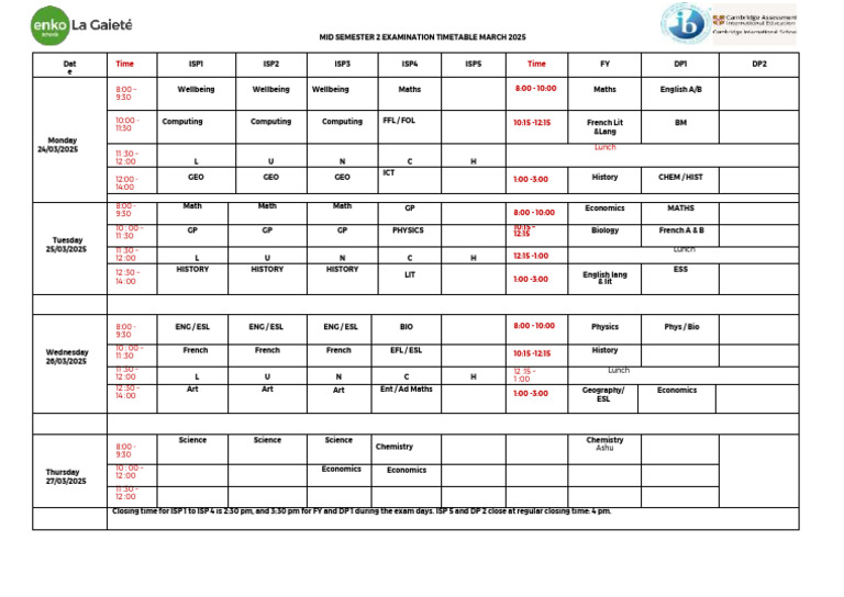 Mid Semester 2 Examination Timetable March 2025 | PDF | Science